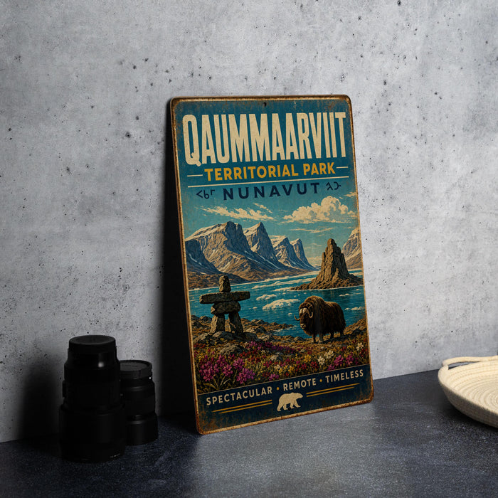 A vintage-style metal sign for "Qaummaaarvin" stands on a table, featuring a scenic landscape with mountains, a moose, and a river.