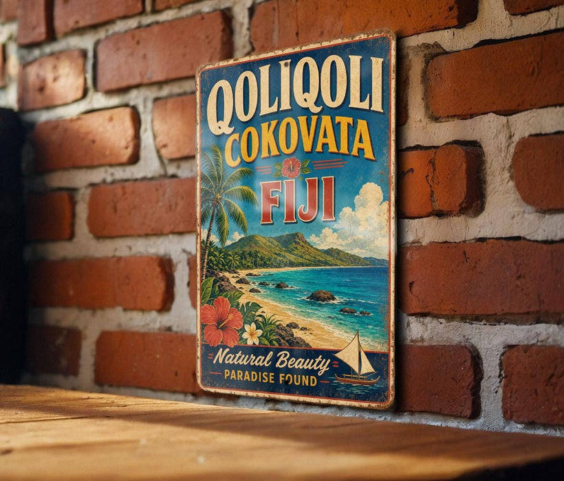 A vintage-style sign for Fiji hangs on a brick wall, featuring a tropical beach scene with palm trees, a blue ocean, and a white sailboat.