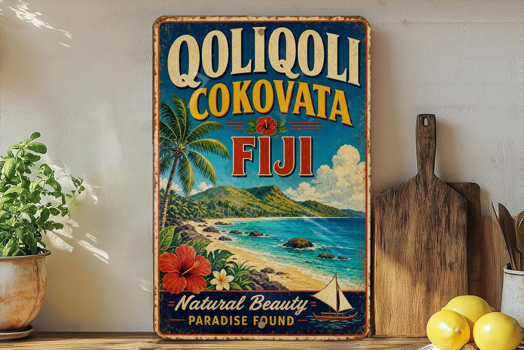 A vintage-style sign advertising "Qoliqoli, Cokovata, Fiji" with a tropical beach scene and a sailboat, placed on a wooden surface next to a potted plant and some lemons.