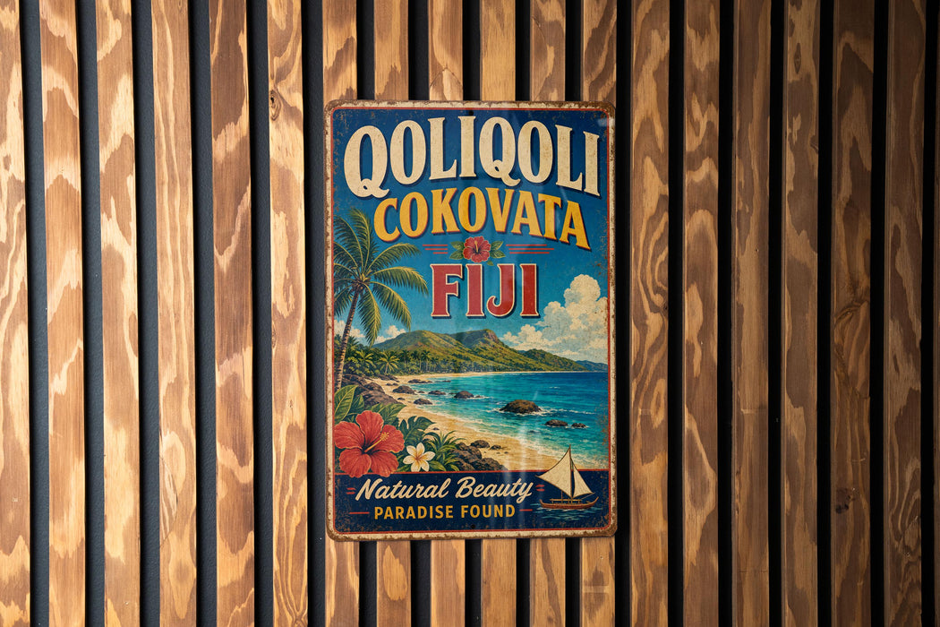A vintage-style metal sign with the text "QOLIQOLI COKOVATA Fiji" and a tropical beach scene, hanging on a wooden wall.