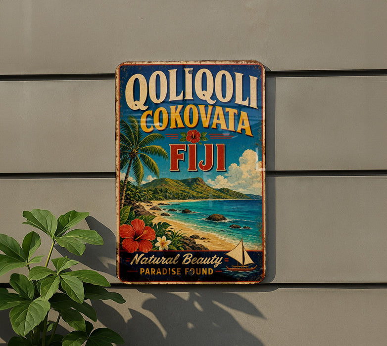 A vintage-style sign advertising Fiji, featuring a tropical beach scene with palm trees, a red flower, and a sailboat.