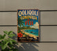 A vintage-style sign advertising Fiji, featuring a tropical beach scene with palm trees, a red flower, and a sailboat.