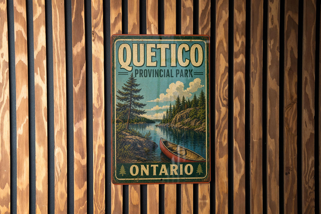 A vintage metal sign for Quito Provincial Park in Ontario, featuring a scenic landscape with a lake, pine trees, and a canoe.
