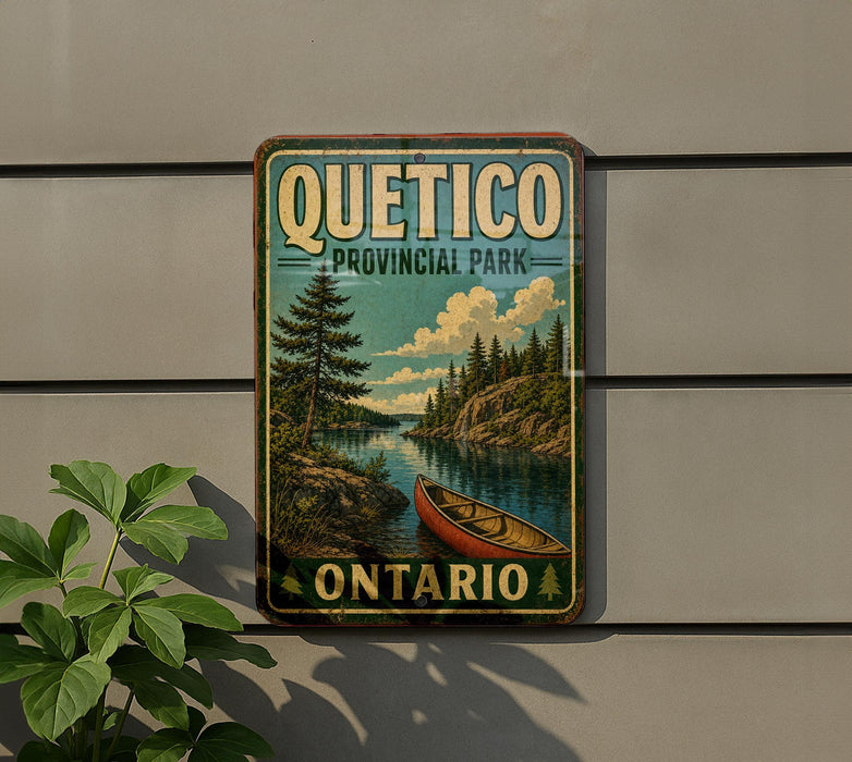 A vintage-style metal sign for Quito, theprovincial park in Ontario, Canada, featuring a scenic landscape with a lake, trees, and a canoe.