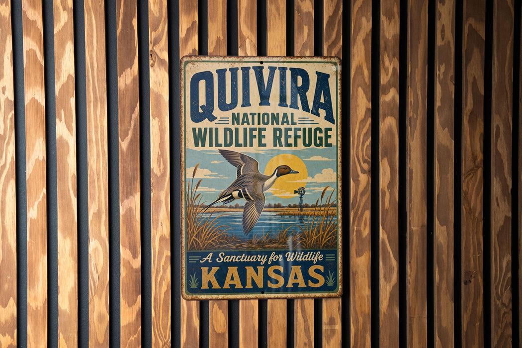 A vintage metal sign for the Quivira National Wildlife Refuge in Kansas, featuring a duck in flight and a serene landscape.