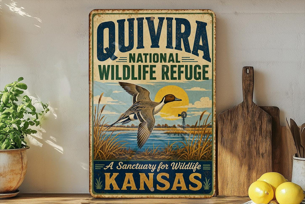 a vintage-style sign for the Quivira National Wildlife Refuge in Kansas, with a duck illustration and a sunset in the background.