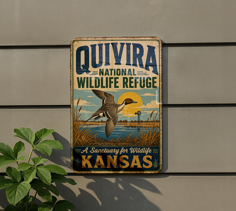A vintage-style metal sign for the Quivira National Wildlife Refuge in Kansas, featuring a bird in flight and a serene landscape.