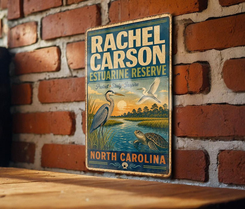 A vintage-style metal sign for Rachel Carson Estuarine Reserve in North Carolina, featuring illustrations of birds and a turtle.