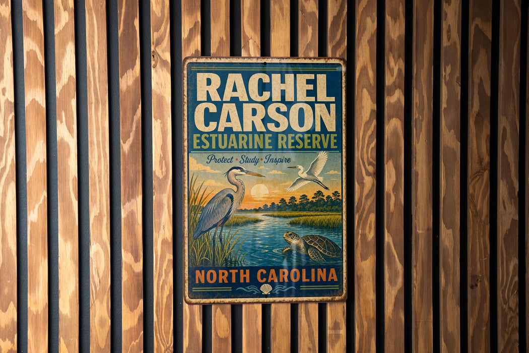 A vintage-style metal sign for Rachel Carson Estuarine Reserve in North Carolina, featuring an illustration of a bird and a turtle in a natural setting.