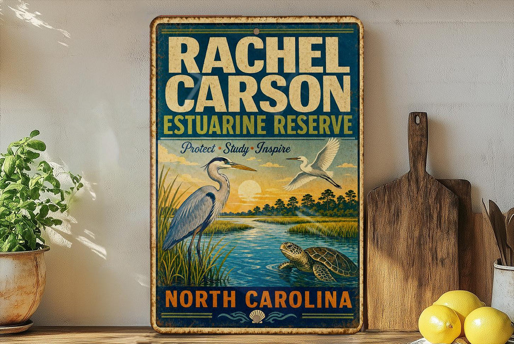 a vintage-style sign for Rachel Carson Estuarine Reserve in North Carolina, with illustrations of birds and a turtle.