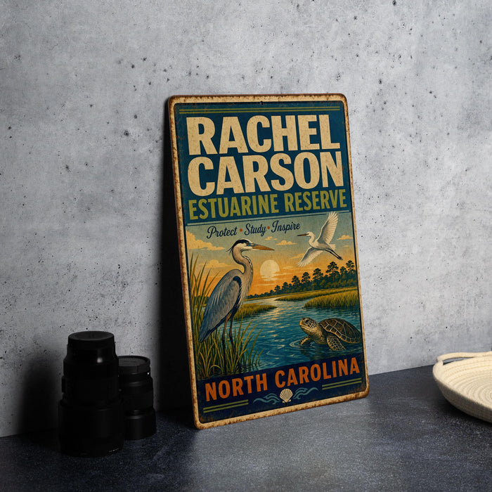 A vintage-style sign for Rachel Carson Estuarine Reserve in North Carolina, featuring a seagull, turtle, and other wildlife in a scenic landscape.