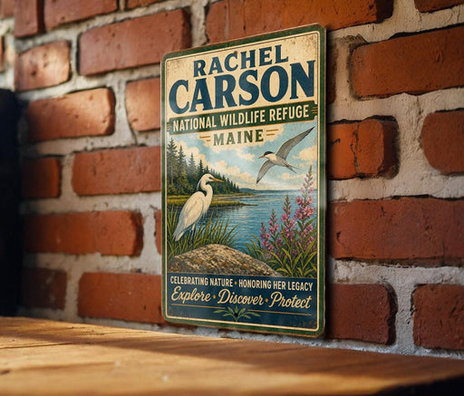 a vintage-style sign with a bird illustration, mounted on a brick wall.