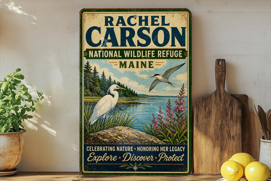a vintage-style metal sign with a nature-themed illustration, including a bird, a lake, and a forest. The sign is displayed on a shelf next to a wooden cutting board and a potted plant.