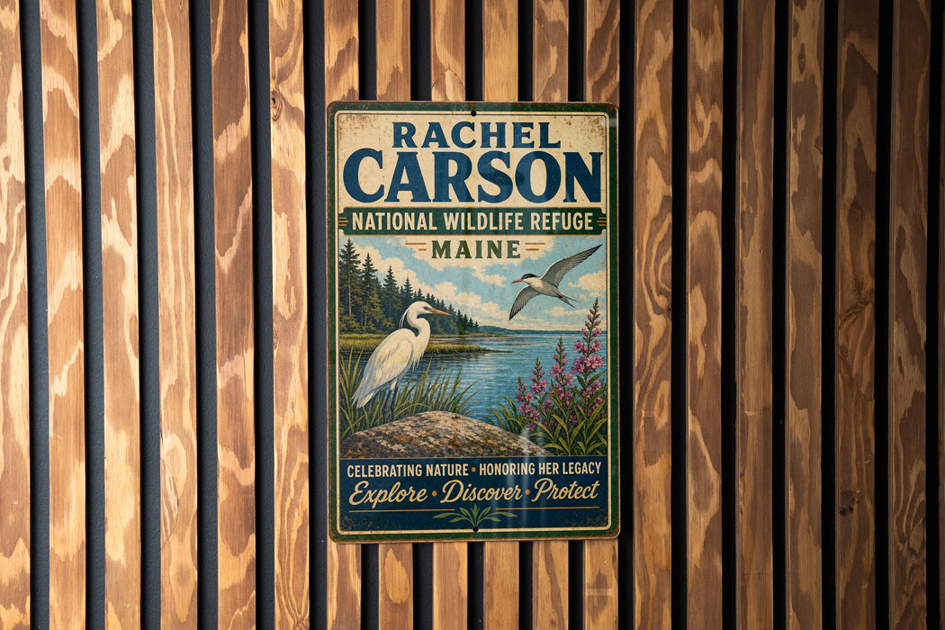 a vintage-style metal sign with a bird illustration, mounted on a wooden wall.