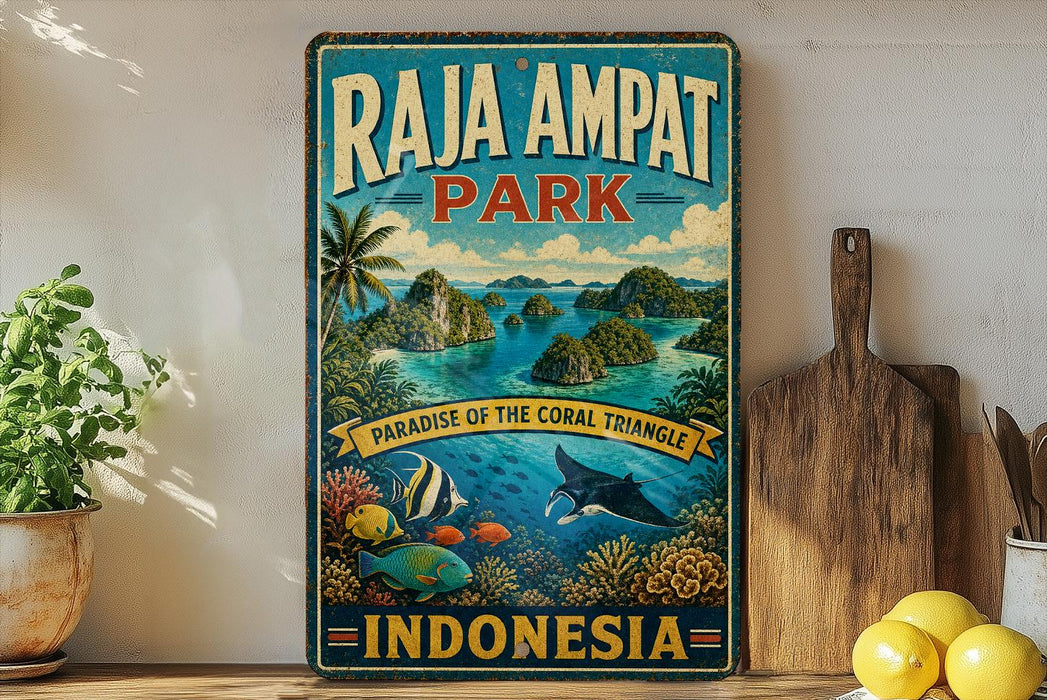 A vintage-style metal sign for Raja Ampat Park in Indonesia, featuring a tropical island landscape with palm trees, colorful fish, and a blue sky with clouds.