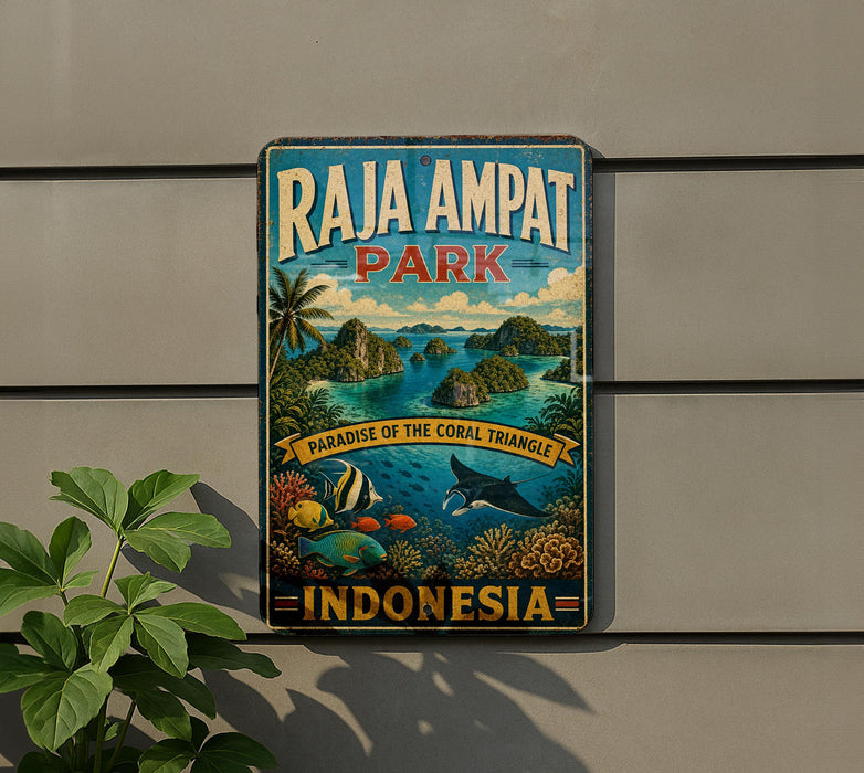 A vintage metal sign for Raja Ampat Park in Indonesia, featuring a tropical landscape with palm trees, coral reefs, and marine life.
