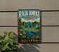A vintage metal sign for Raja Ampat Park in Indonesia, featuring a tropical landscape with palm trees, coral reefs, and marine life.