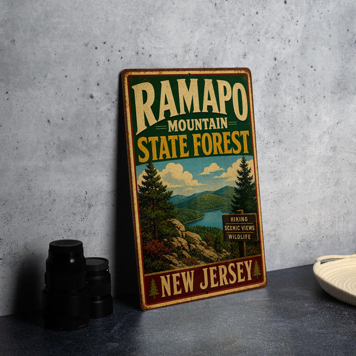 A vintage metal sign for Ramapo Mountain State Forest in New Jersey, featuring a scenic landscape with pine trees and a river.