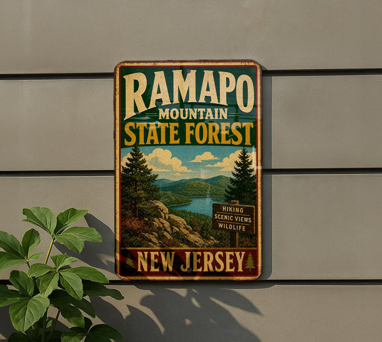A vintage metal sign for Ramapo Mountain State Forest in New Jersey, featuring a scenic landscape with pine trees, mountains, and a lake.
