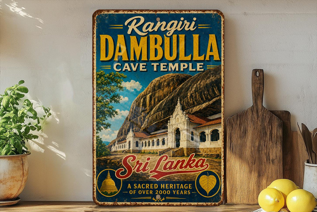 A vintage-style metal sign advertising the "Rangiri Dambulla Cave Temple" in Sri Lanka, featuring a scenic image of the temple and a description of its cultural heritage.