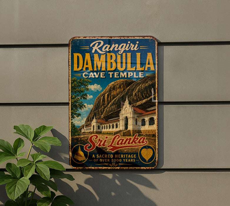 A vintage metal sign for the cave temple in Rangiri Dambulla, Sri Lanka, featuring an illustration of the temple and a mountain landscape.