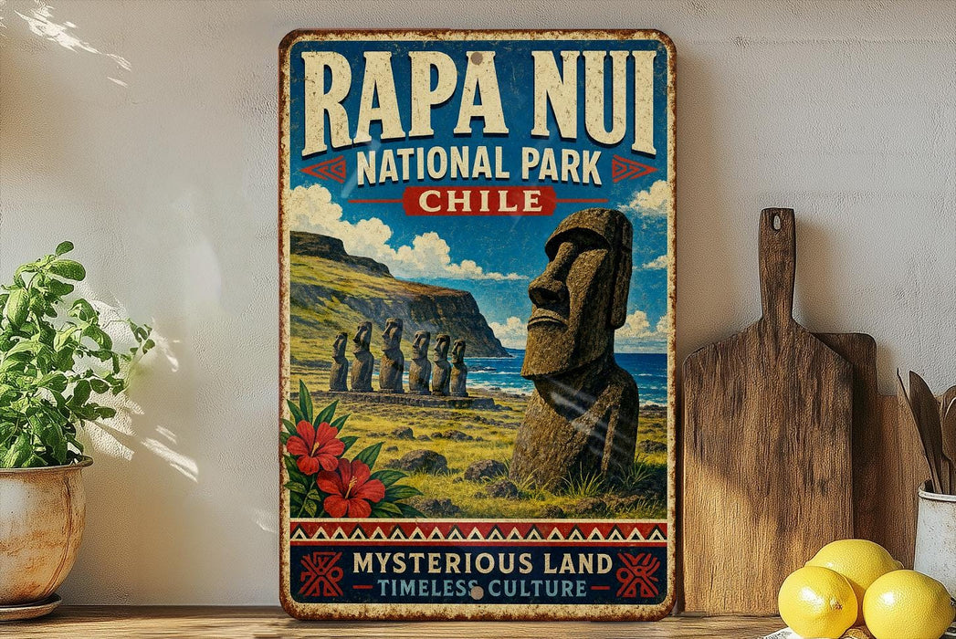 a vintage-style sign for Rapa Nui National Park in Chile, with a depiction of the iconic Moai statues in the background.