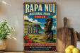 a vintage-style sign for Rapa Nui National Park in Chile, with a depiction of the iconic Moai statues in the background.