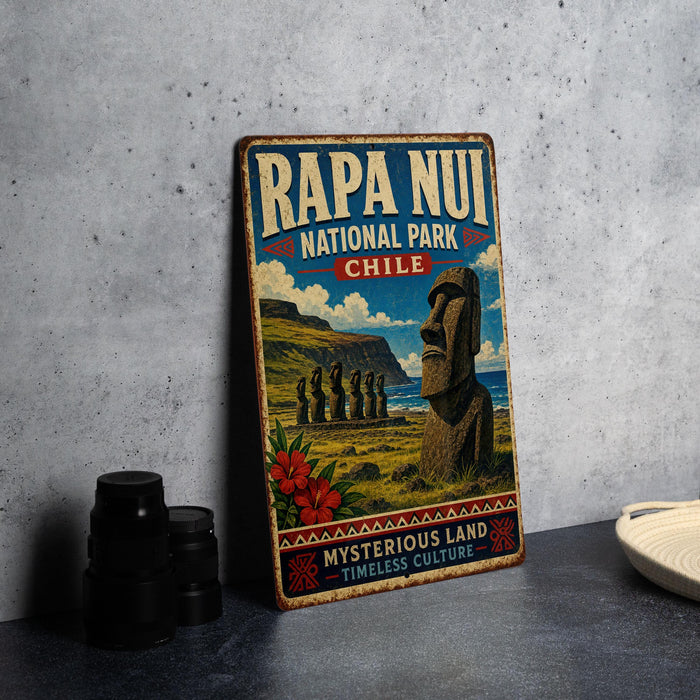 A vintage-style metal sign for Rapa Nui National Park in Chile, featuring an illustration of the Moai statues and the surrounding landscape.