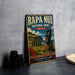 A vintage-style metal sign for Rapa Nui National Park in Chile, featuring an illustration of the Moai statues and the surrounding landscape.