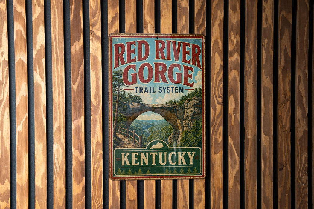 A vintage metal sign for the Red River Gorge Trail System in Kentucky, featuring a scenic illustration of the trail and the state's name.