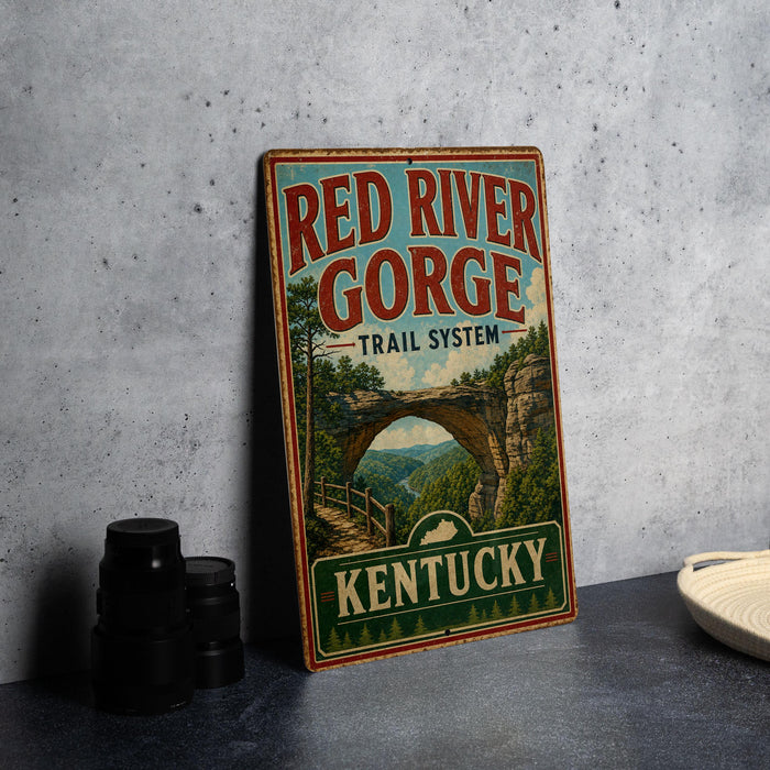 A vintage-style sign for the Red River Gorge Trail System in Kentucky, featuring a scenic illustration of the bridge and surrounding landscape.