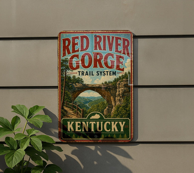 A vintage-style metal sign for the Red River Gorge Trail System in Kentucky, featuring a scenic illustration of the famous rock arch.