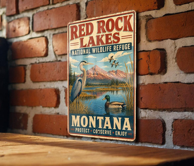 A vintage-style metal sign for the Red Rock Lakes National Wildlife Refuge in Montana, featuring an illustration of a bird and a duck in a natural setting.
