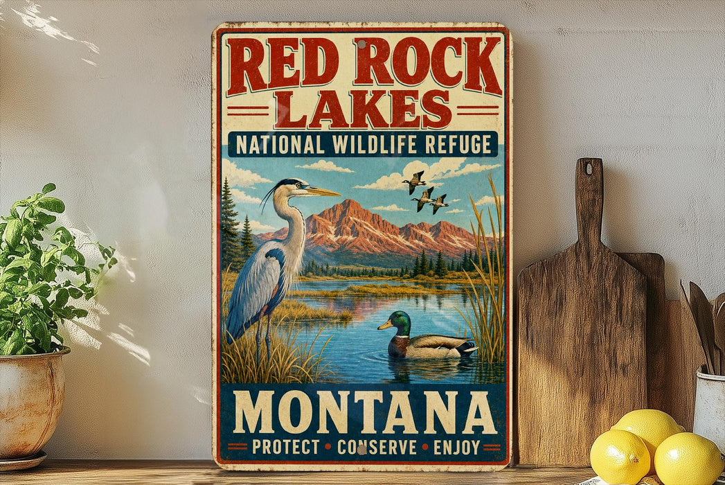 A vintage-style metal sign for the Red Rock Lakes National Wildlife Refuge in Montana, featuring an illustration of a heron and ducks in a lake surrounded by mountains.