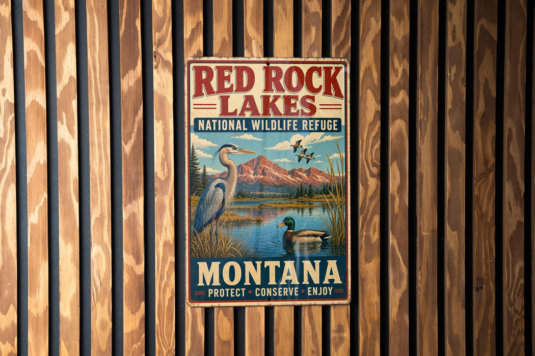 A vintage-style metal sign for the Red Rock Lakes National Wildlife Refuge in Montana, featuring an illustration of a bird and a lake surrounded by mountains.