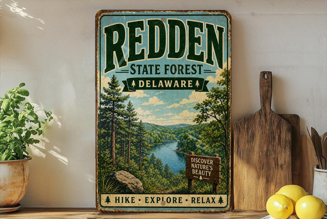 A vintage-style sign for the Redden State Forest in Delaware, featuring a scenic image of a forest and a river.