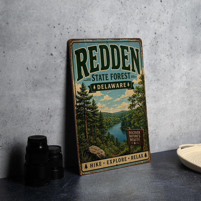 A vintage-style metal sign for the Redden State Forest in Delaware, featuring a scenic illustration of a forest and a river.