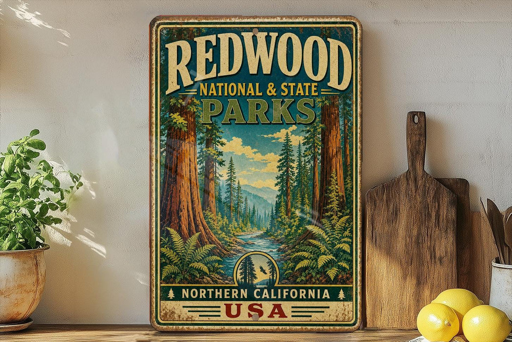 A vintage-style sign for Redwood National and State Parks in Northern California, USA, featuring a scenic illustration of a forest with towering redwood trees and a winding path.