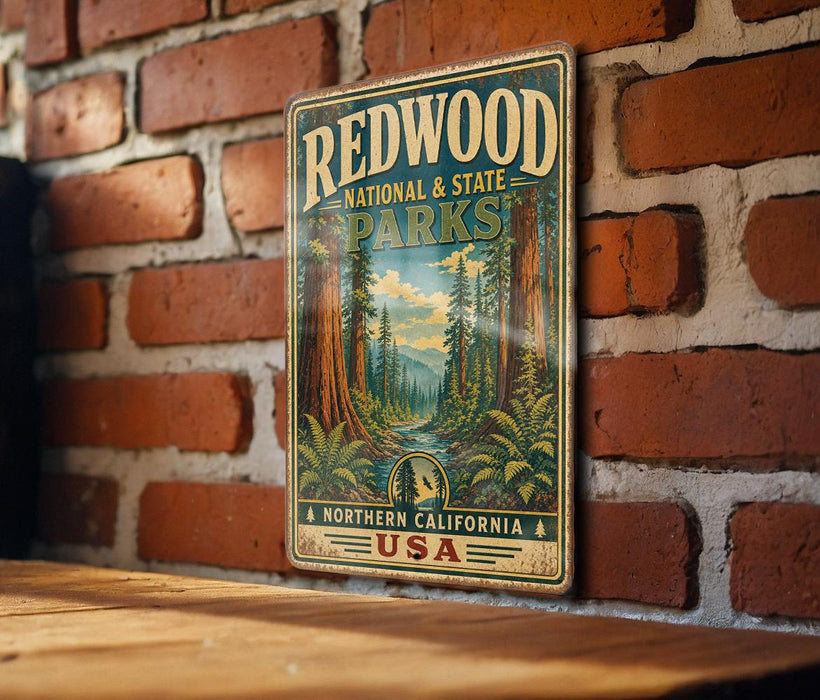 A vintage-style metal sign for Redwood National and State Parks, featuring a scenic illustration of a forest with towering redwood trees and a river flowing through the landscape.