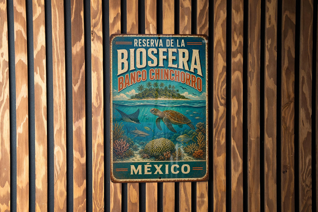 A metal sign with text and an illustration of a tropical underwater scene, mounted on a wooden wall.