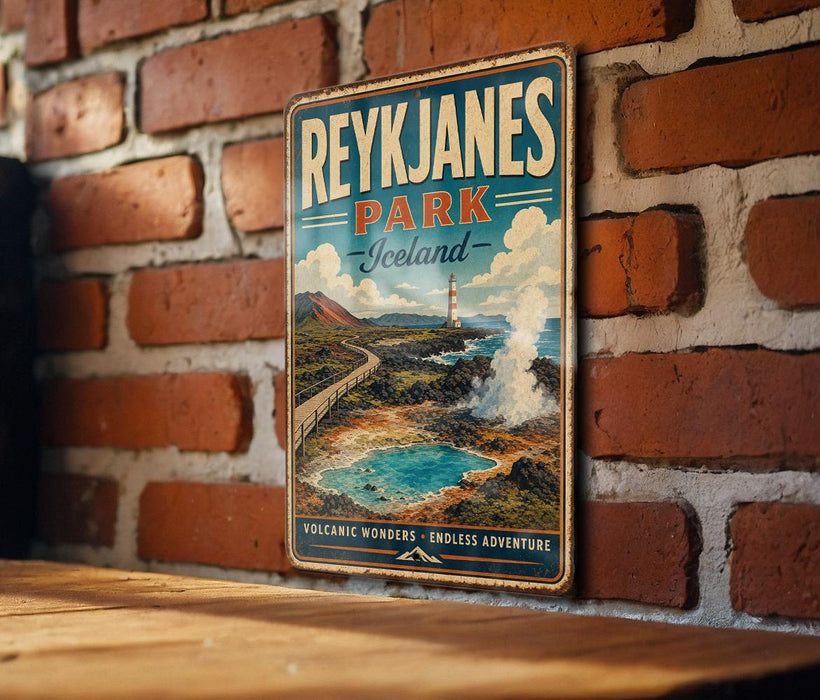 A vintage-style metal sign for Reykjanes Park, Iceland, featuring a scenic illustration of the park's landscape and a lighthouse.