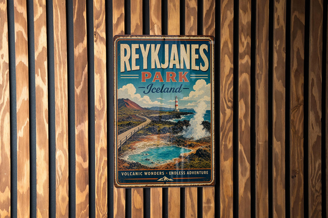 A vintage-style metal sign for Reykjanes Park, Iceland, featuring a scenic landscape with a volcano and a lighthouse.