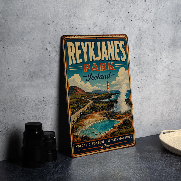 A vintage-style sign for Reykjanes Park, Iceland, featuring a scenic landscape with a lighthouse and a volcano.