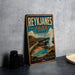 A vintage-style sign for Reykjanes Park, Iceland, featuring a scenic landscape with a lighthouse and a volcano.