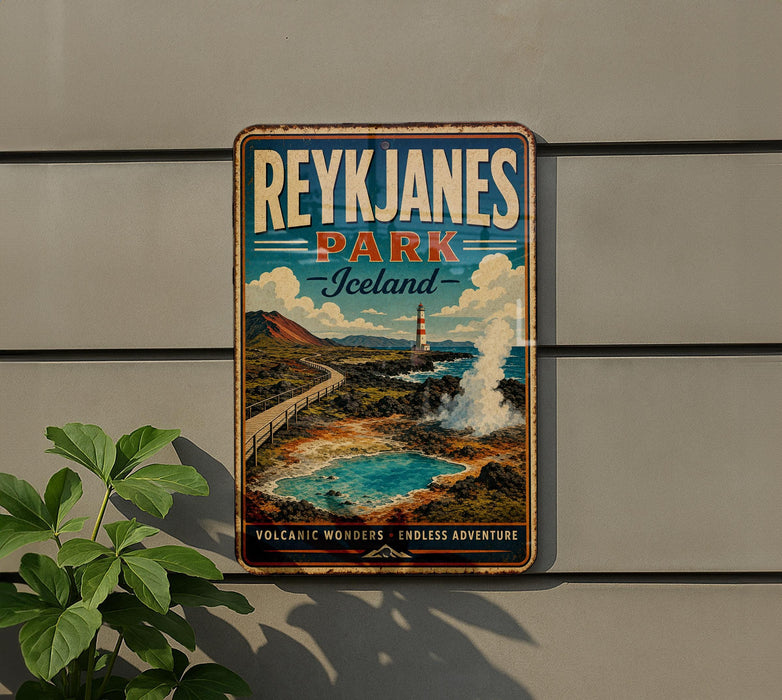 A vintage-style sign for Reykjanes Park, Iceland, featuring a scenic landscape with a lighthouse and a hot spring.