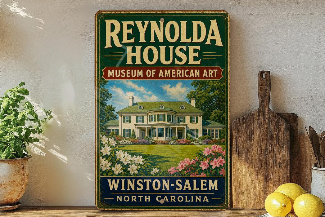 A vintage-style sign for the Reynolds House Museum of American Art in Winston-Salem, North Carolina, featuring a painting of a large white house surrounded by flowers and greenery.