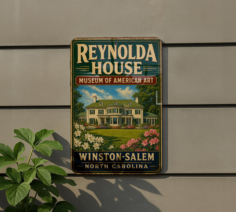A vintage-style sign for Reynolds House, a museum of American art located in Winston-Salem, North Carolina.