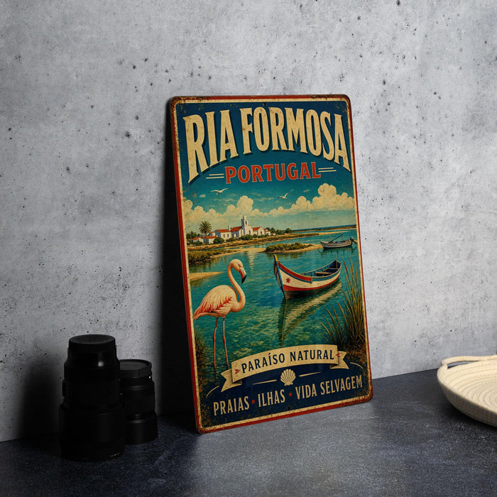 A vintage-style metal sign for Ria Formosa, Portugal, featuring a pink flamingo and a boat on the water.