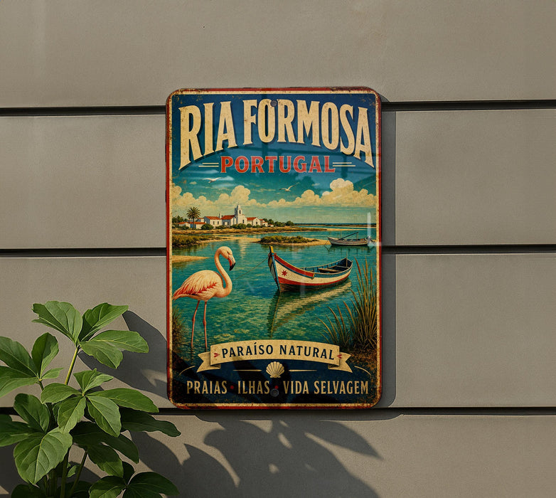 A vintage-style poster advertising Ria Formosa, a Portuguese island, with a pink flamingo and a boat on the water.