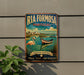 A vintage-style poster advertising Ria Formosa, a Portuguese island, with a pink flamingo and a boat on the water.